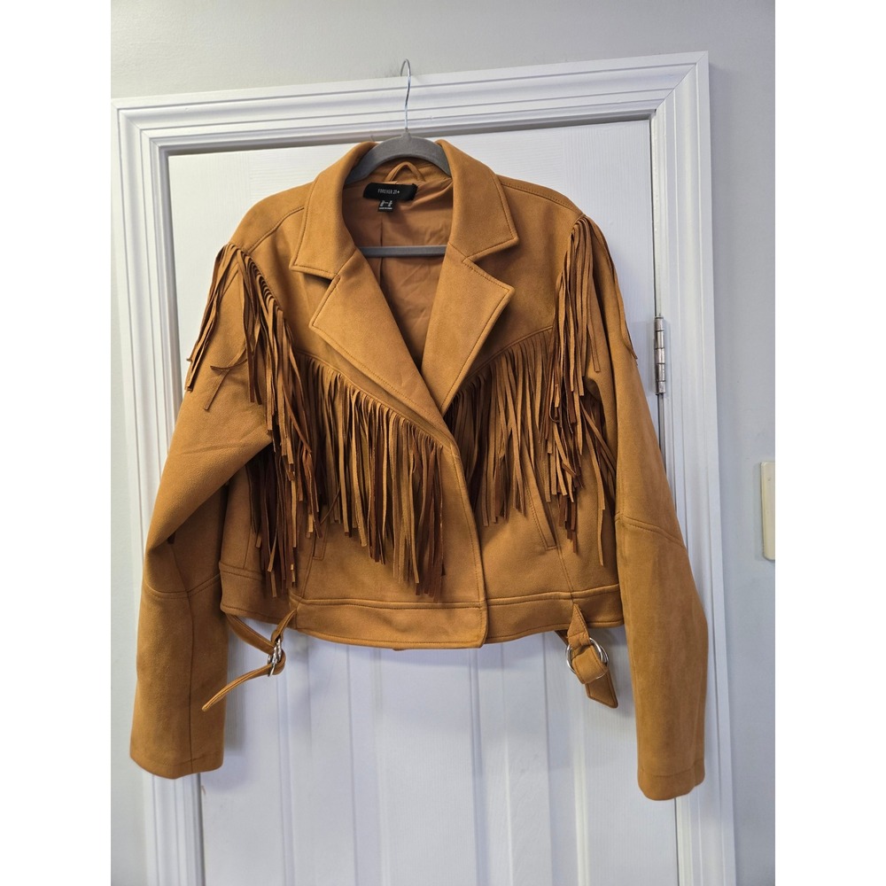 Womens Tan Faux Suede Fringe Western Moto Jacket Plus Size 1X
